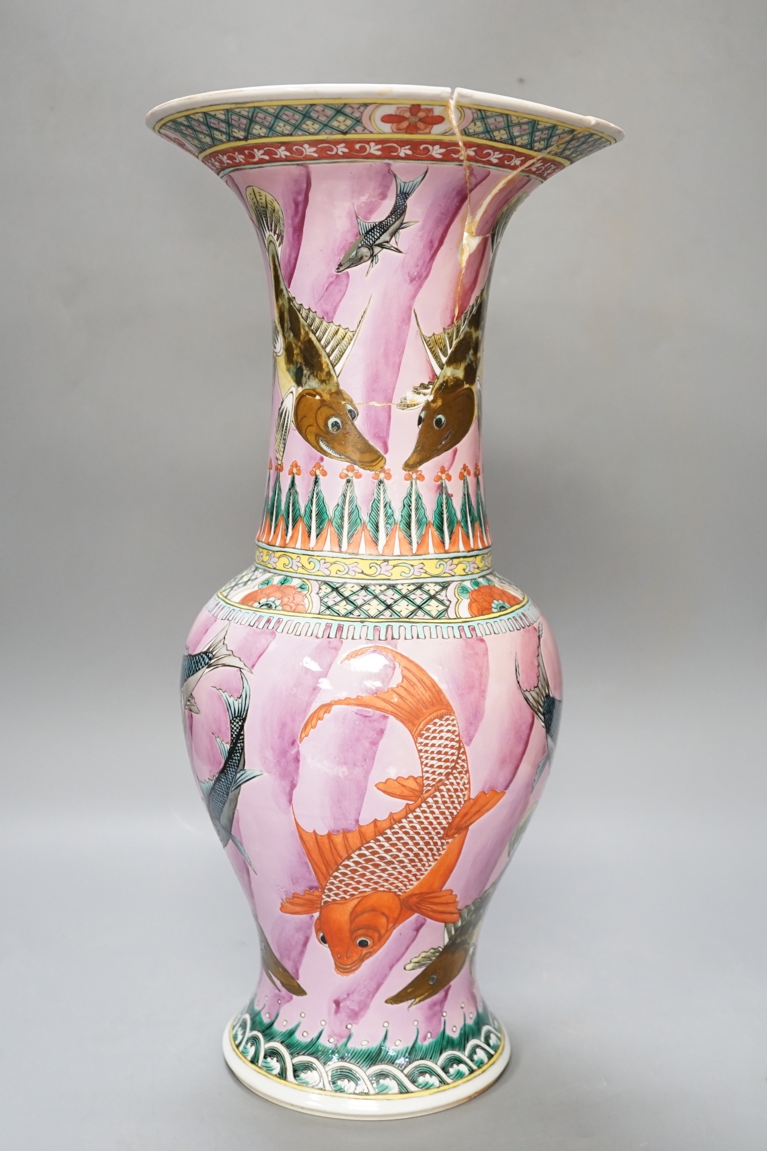 A 19th century Chinese famille rose 'fish' yen-yen vase, apocryphal Kangxi mark to base, a.f., 46cm